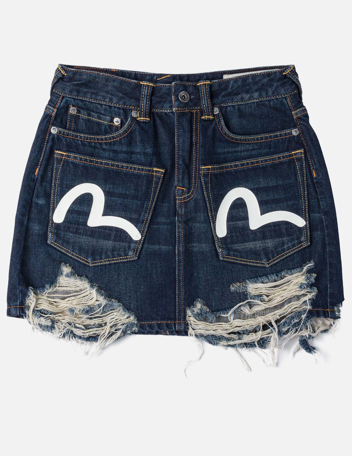 Seagull Print Multi-Pocket Denim Skirt